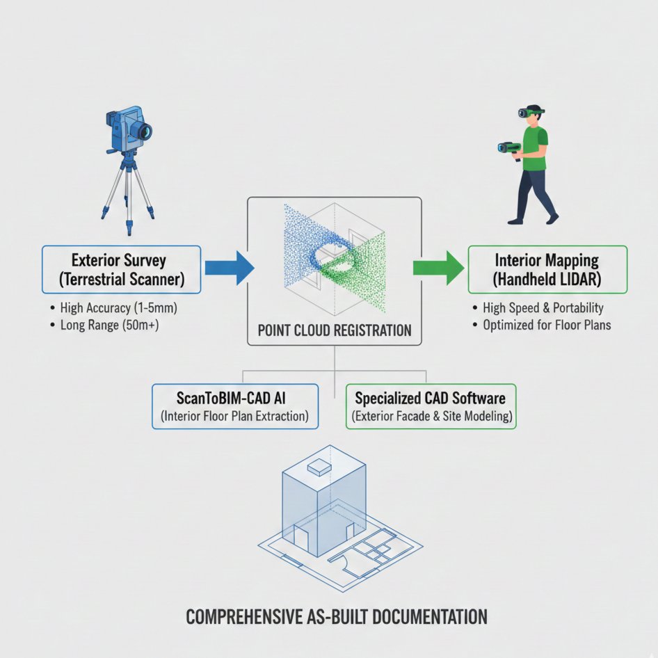 Diagram showing hybrid scanning workflow: Exterior terrestrial scanner (left) and interior handheld scanner (right) feeding into combined point cloud registration and processing pipeline