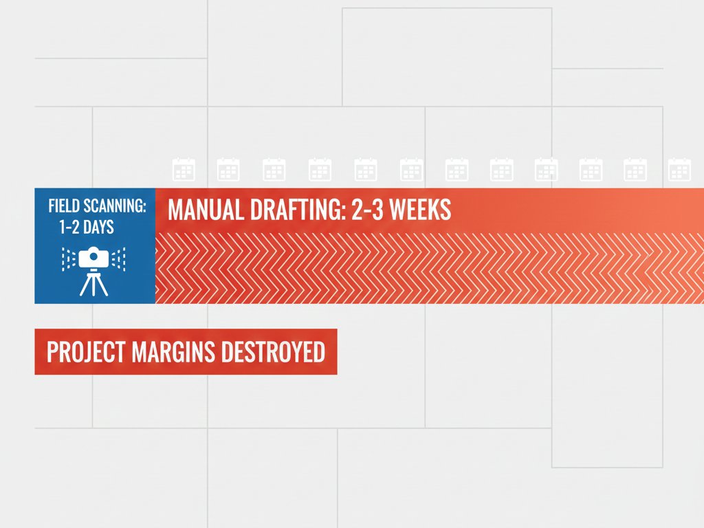 Infographic showing time breakdown: 3 days scanning vs 3 weeks drafting, with labor costs highlighted for each phase
