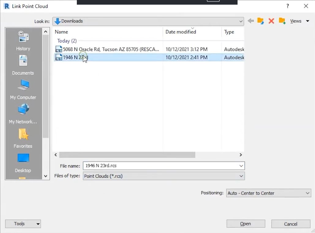 Revit point cloud import dialog showing RCS file selection for importing converted point cloud data