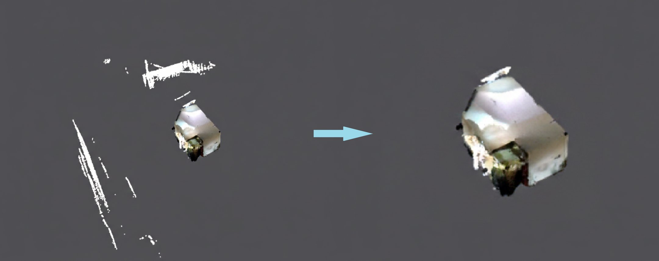 Side-by-side comparison showing a noisy point cloud (left) with scattered points and outliers versus a cleaned point cloud (right) with clear wall surfaces and reduced noise