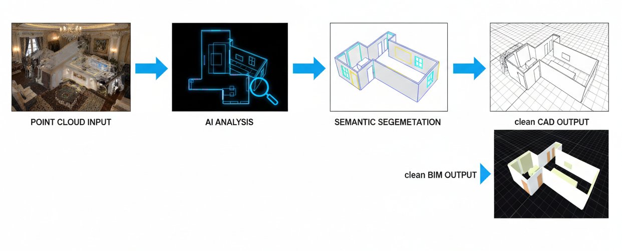Flow diagram showing the AI processing pipeline: Point Cloud Input → AI Analysis → Semantic Segmentation → Clean BIM/CAD Output with visual examples at each stage