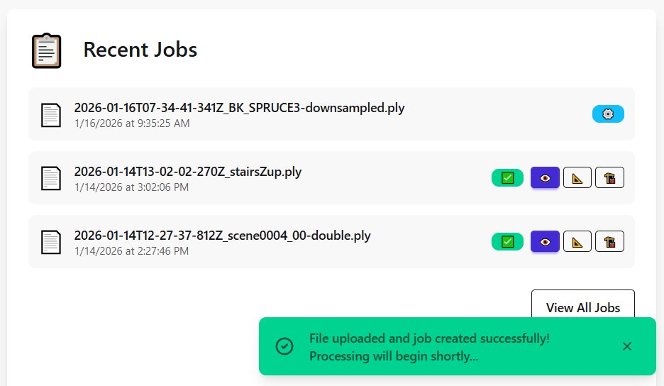 Screenshot of ScanToBIM-CAD dashboard showing AI processing status with progress indicator and real-time updates during point cloud analysis