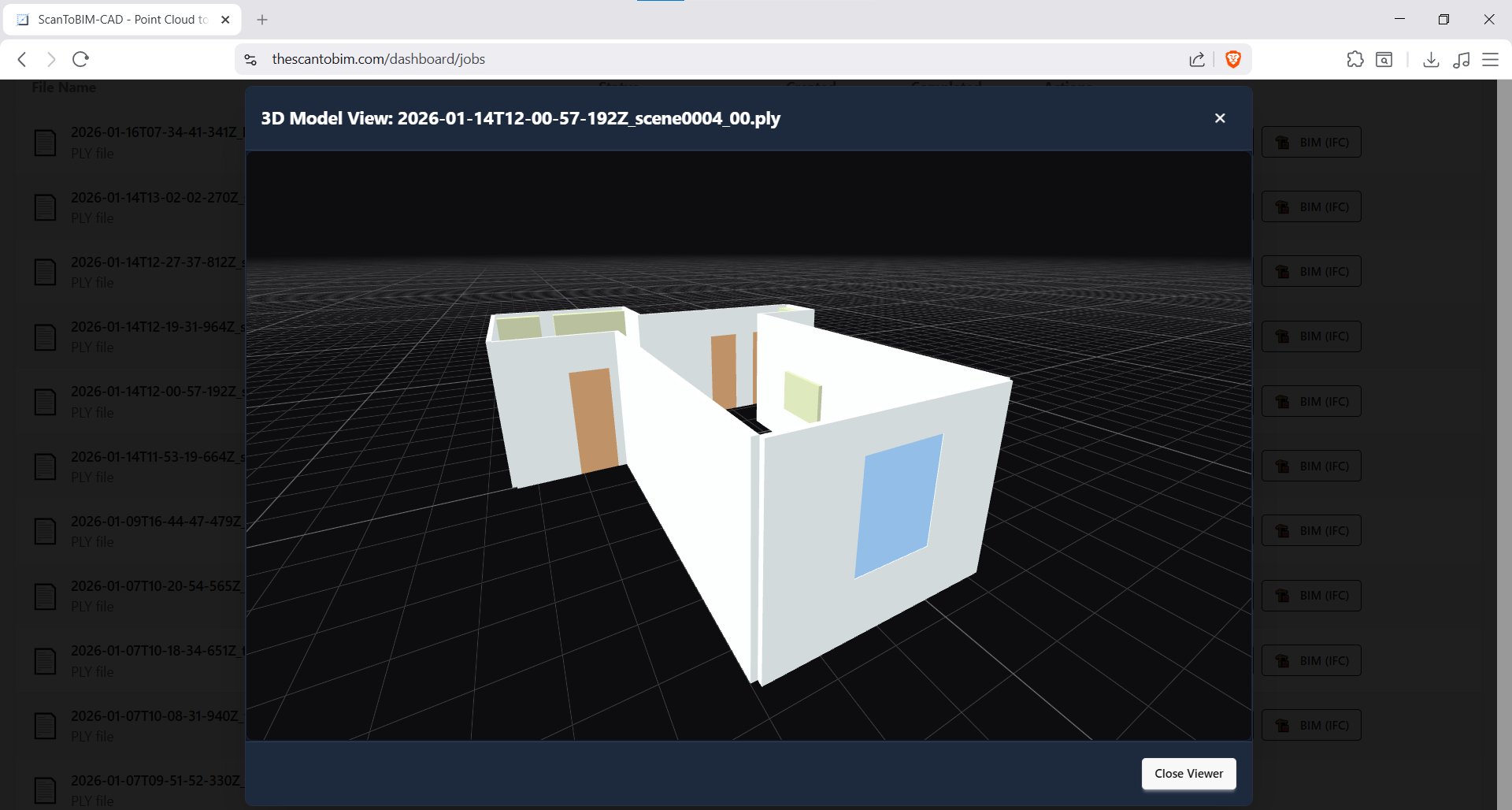 Screenshot of the 3D interactive viewer showing a rendered floor plan with walls, doors, and windows visible in 3D perspective view