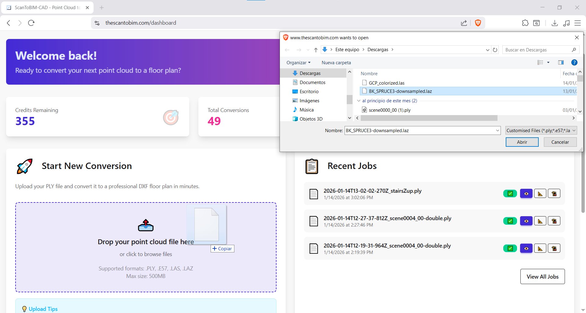 Screenshot of the ScanToBIM-CAD dashboard showing the file upload area with drag-and-drop interface and supported format badges (PLY, E57, LAS, LAZ)