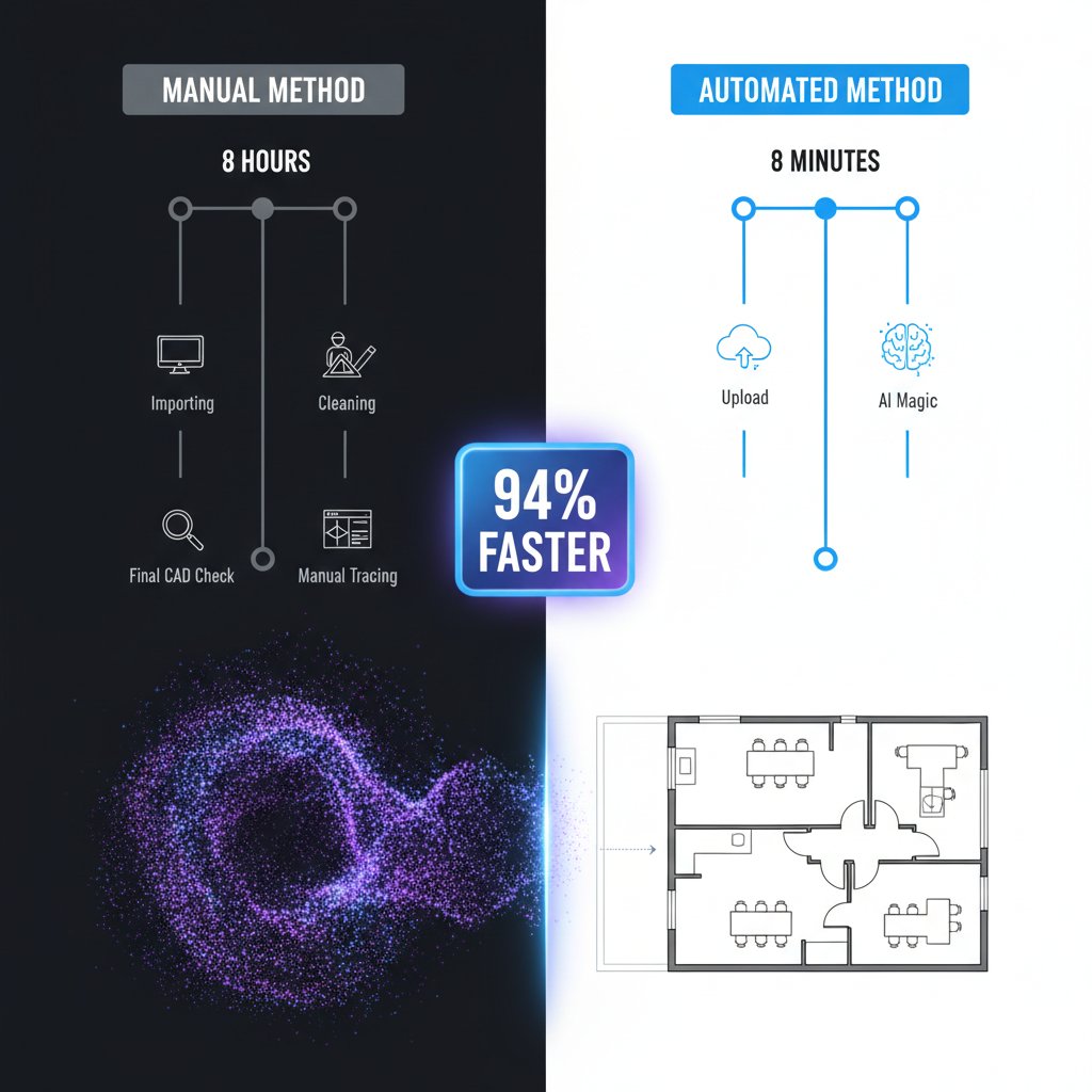 Time comparison: Manual method takes 8 hours vs Automated method takes 2 minutes for point cloud to floor plan conversion