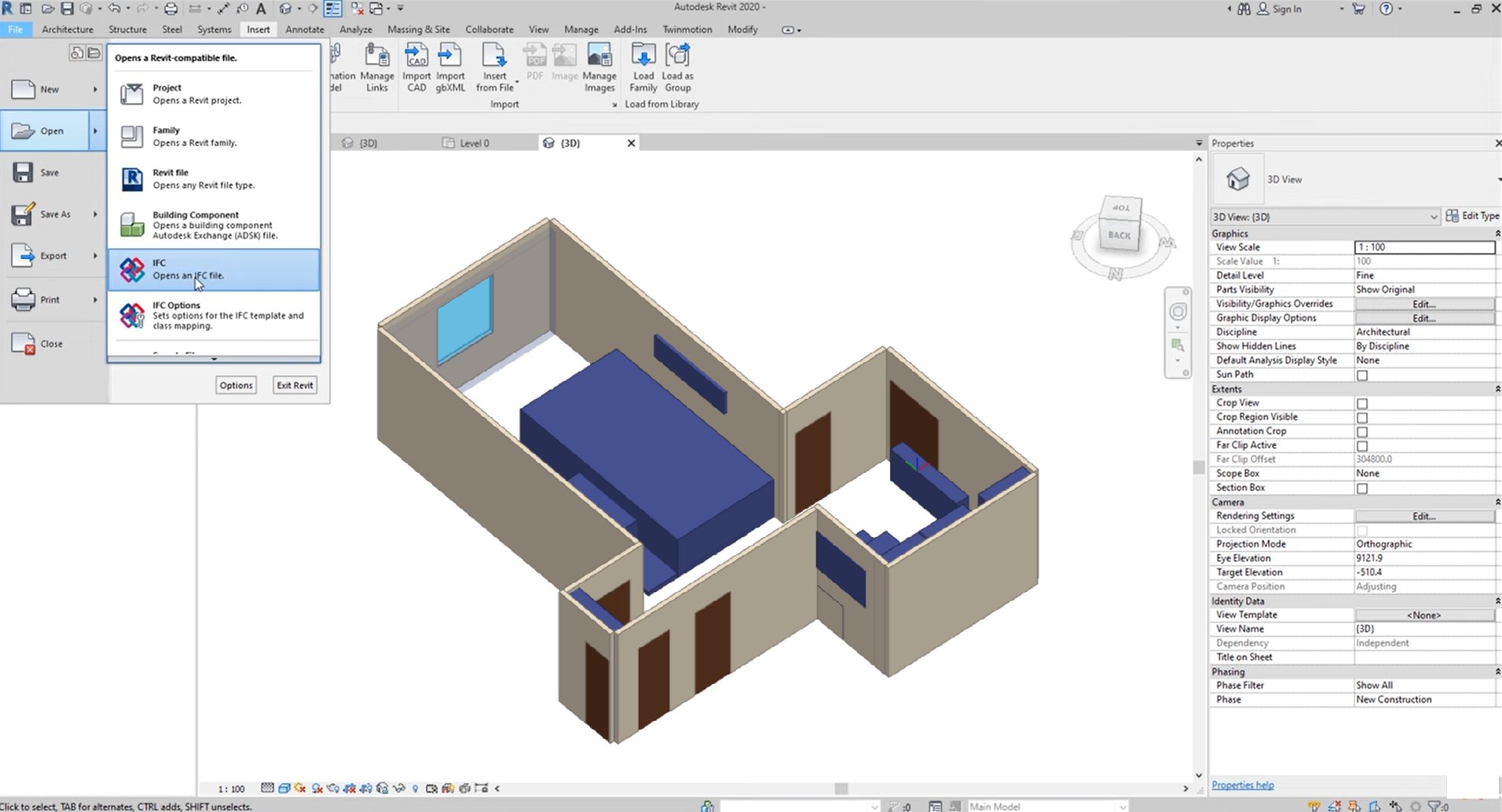 IFC file imported into Autodesk Revit showing walls, doors, and windows as native BIM elements after automatic mapping