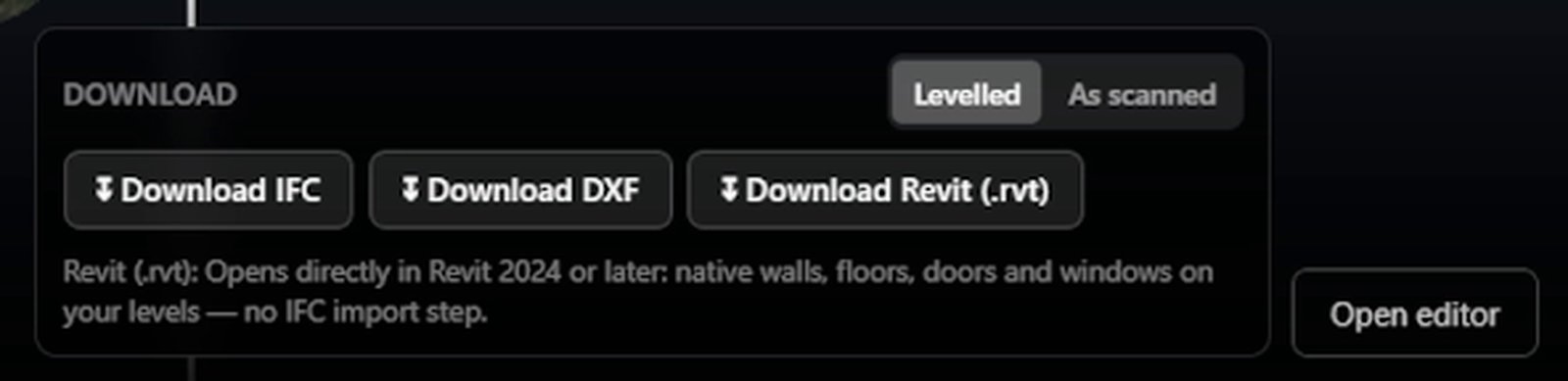 Download buttons for IFC, DXF and native Revit (.rvt) files on the result page