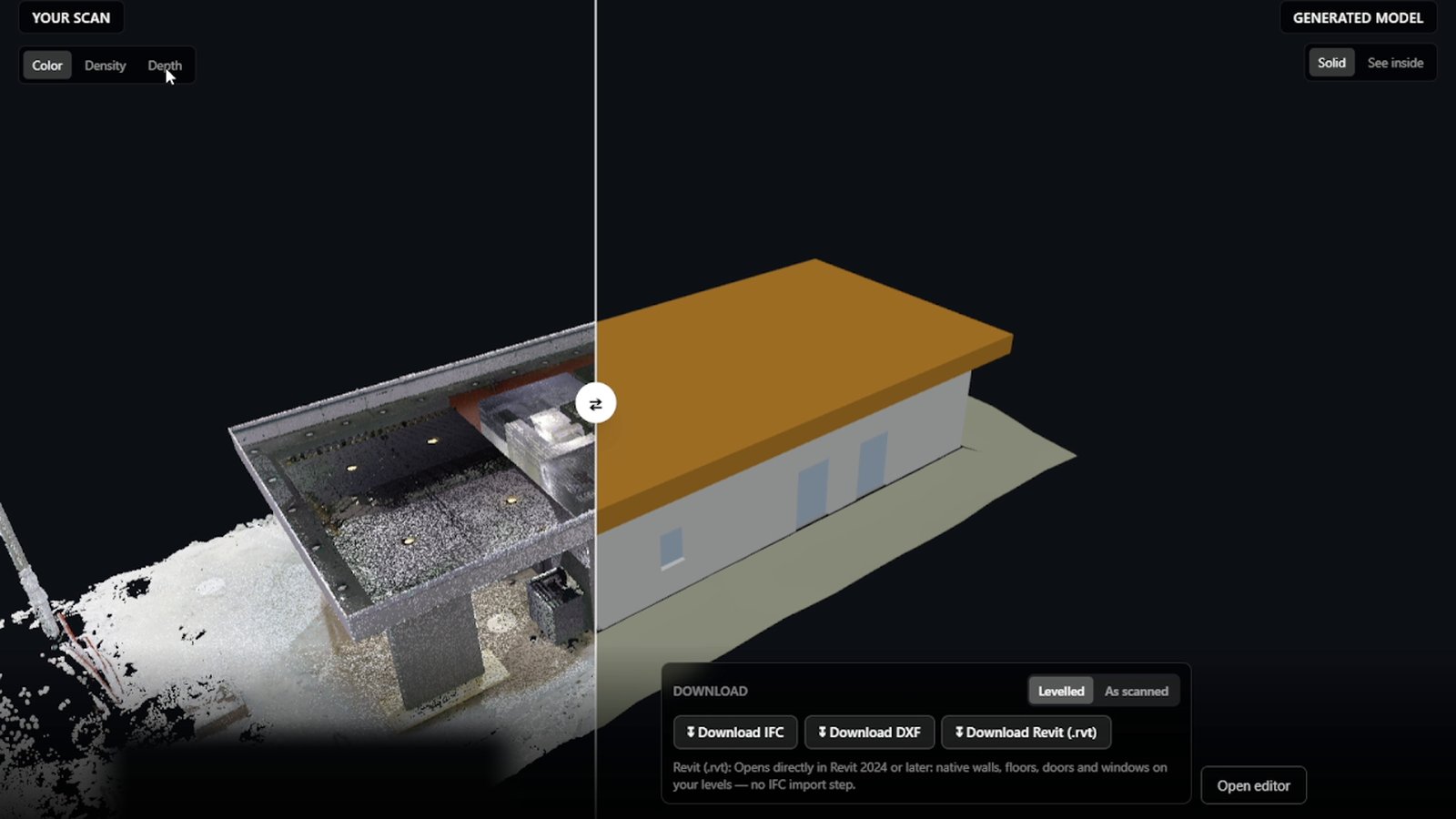 Point cloud of a flat-roof building compared with its generated 3D model on the result page