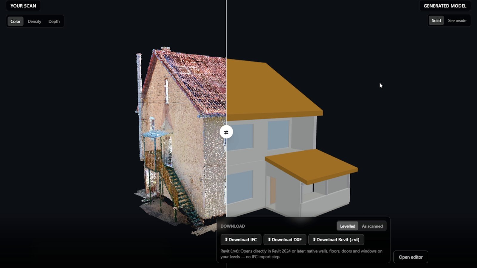 Point cloud of a two-story house on the left and the generated 3D model on the right, split by a draggable curtain