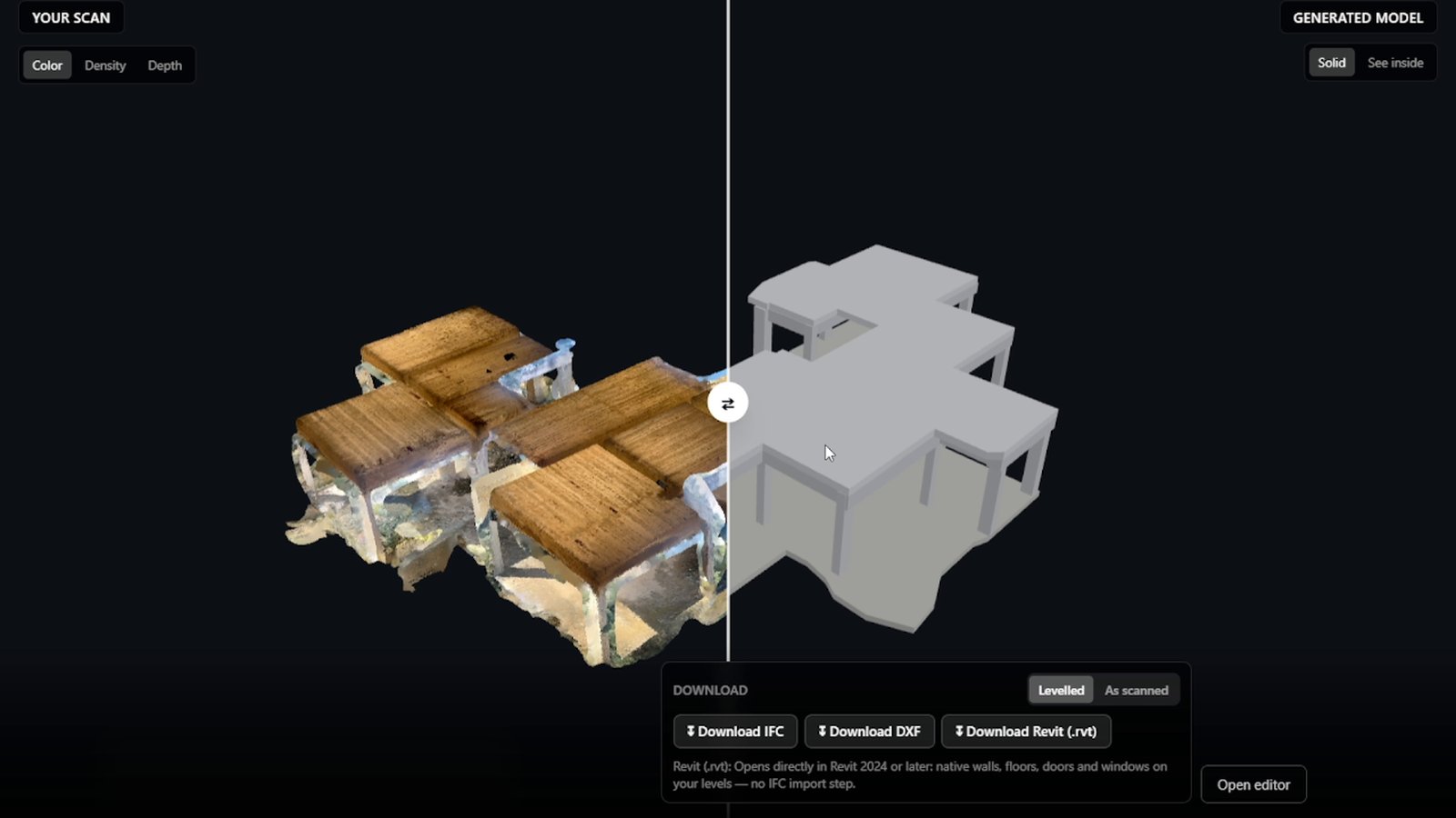 Colored point cloud of a single-story building next to the generated model with slabs and walls
