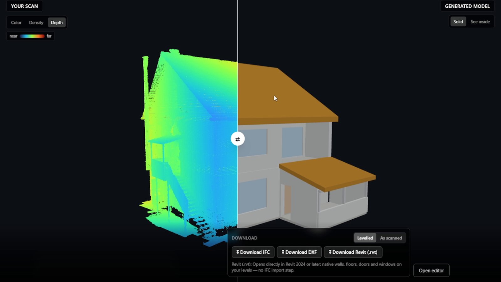 Point cloud of a house colored by depth from near to far, beside the generated 3D model