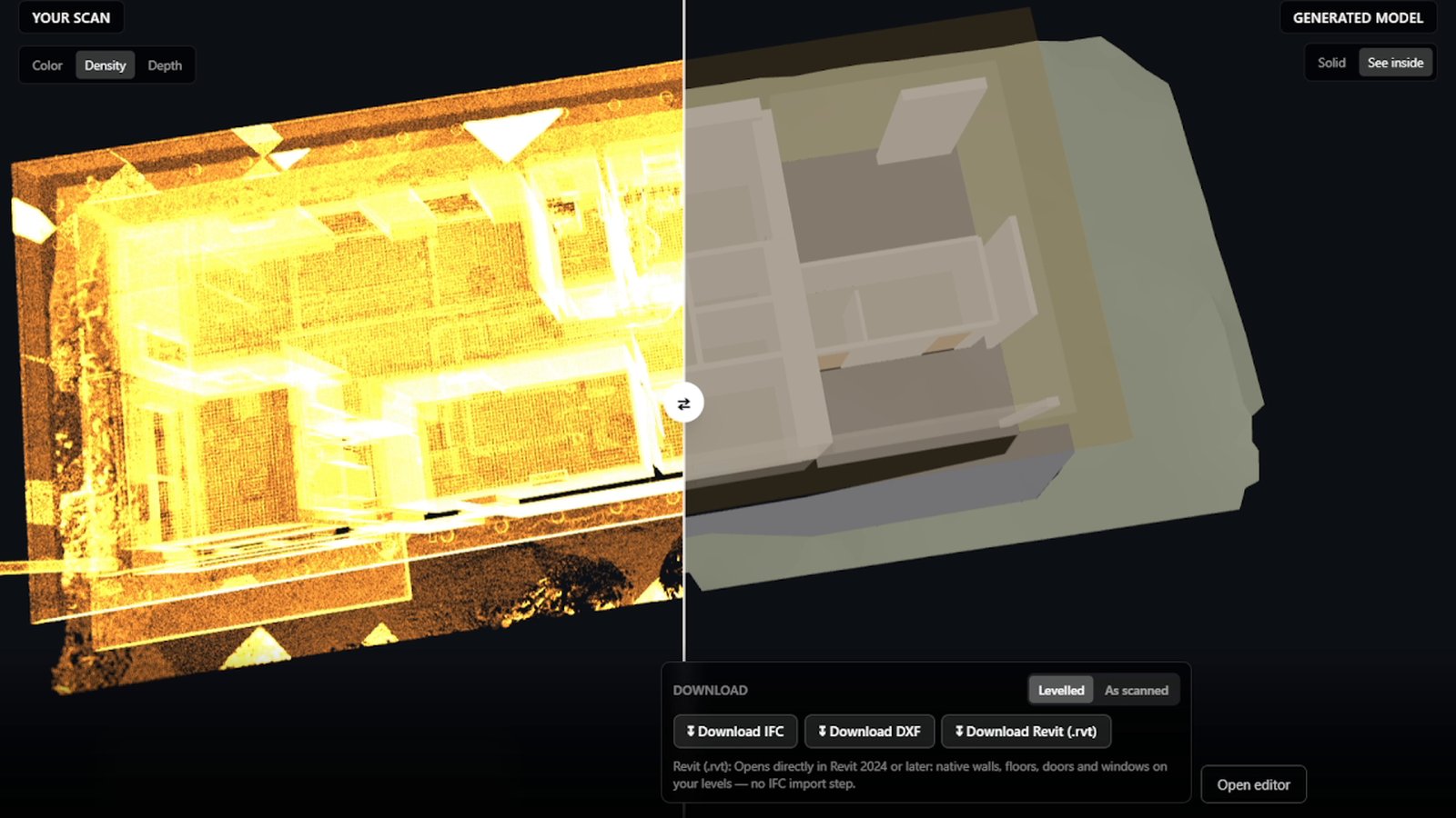 Top view of a building scan colored by density next to the generated model with its rooms visible