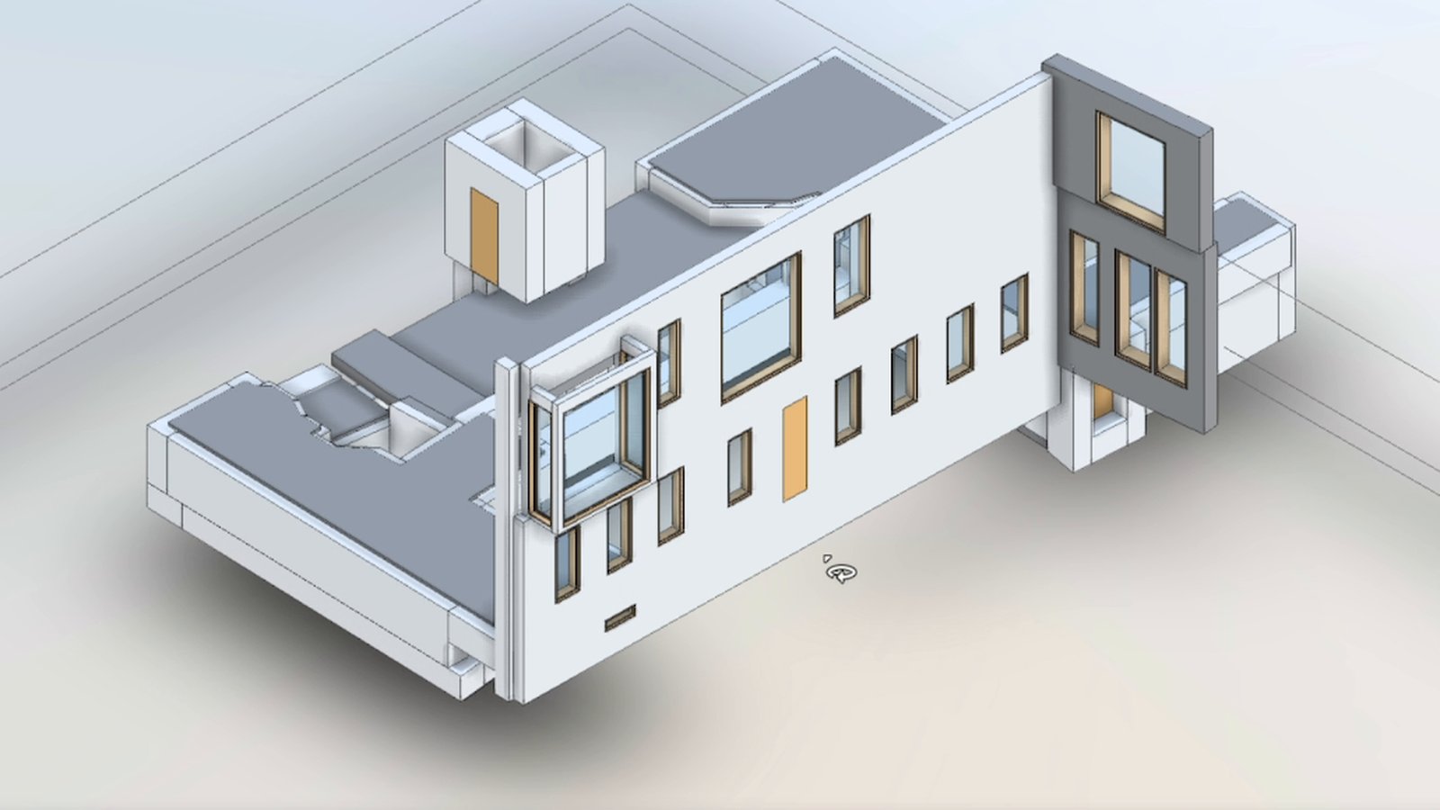 Facade of a multi-story Revit model with windows and doors, viewed in 3D in Autodesk Viewer