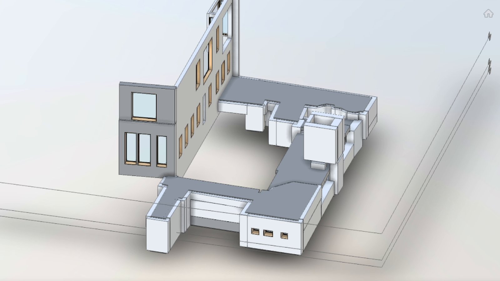A multi-story building model with walls, windows and floor slabs from our native Revit file, opened in Autodesk Viewer