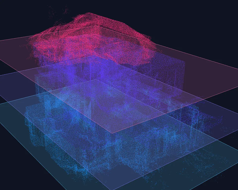 A scanned house with a colored plane at each floor level the software found