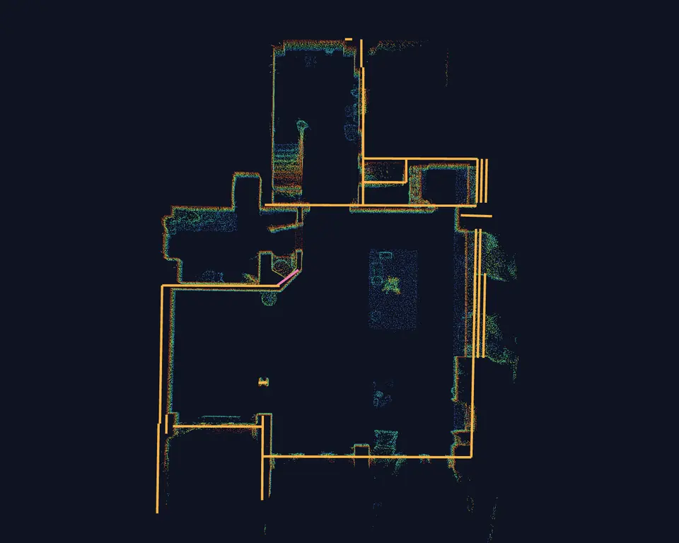 One story seen from above, with its walls traced in orange over the points