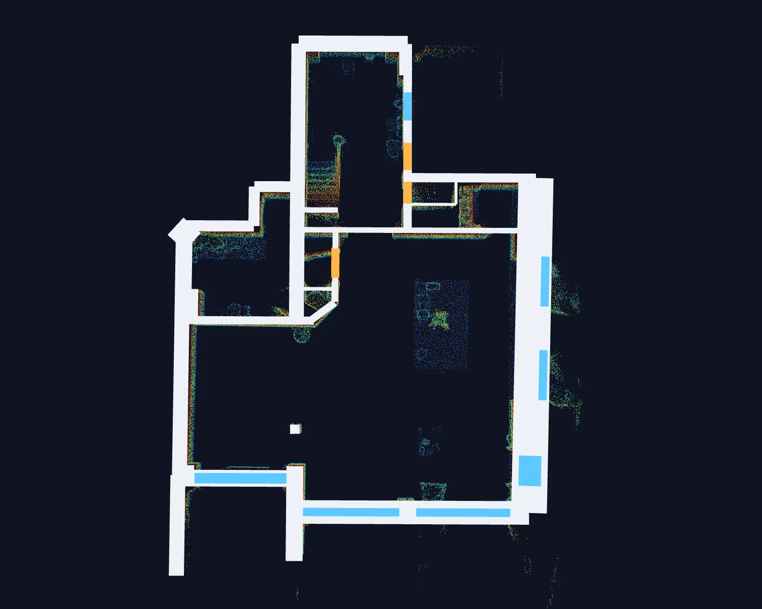 The measured walls with doors in amber and windows in blue