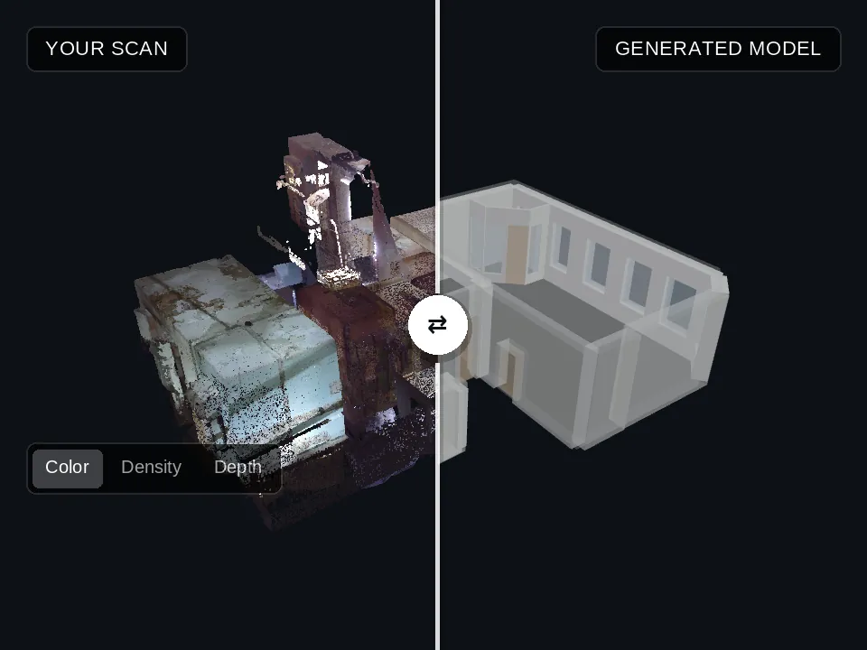 The result page: the laser scan of a stone house in color left of the curtain, the generated BIM model on the right